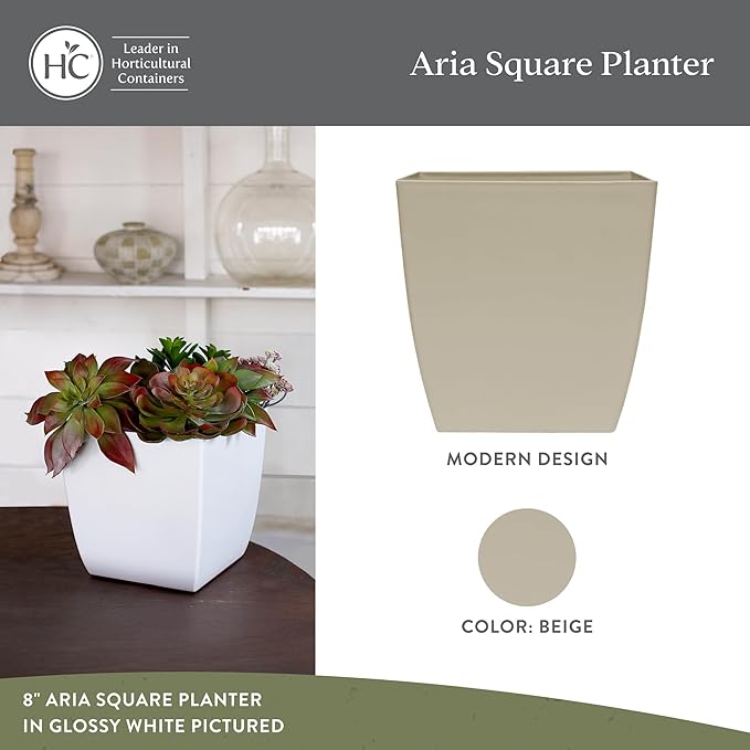 The HC Companies Aria Self Watering Square Plant Pot w/Drainage - Classic Planters for Outdoor Plants & Indoor Plants - Lightweight & UV-Resistant Plastic Pots for Plants (10" Beige, Pack of 1)