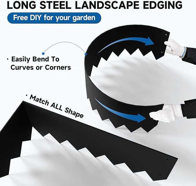 20Ft.Galvanized Steel Landscape Edging(6-Pack)-6"x40" Metal Garden Edging,7 Clips&Gloves,Hammer-in,No Dig,Rustproof,for Landscaping,Tree Rings,Garden,Yard&Pathway–Black