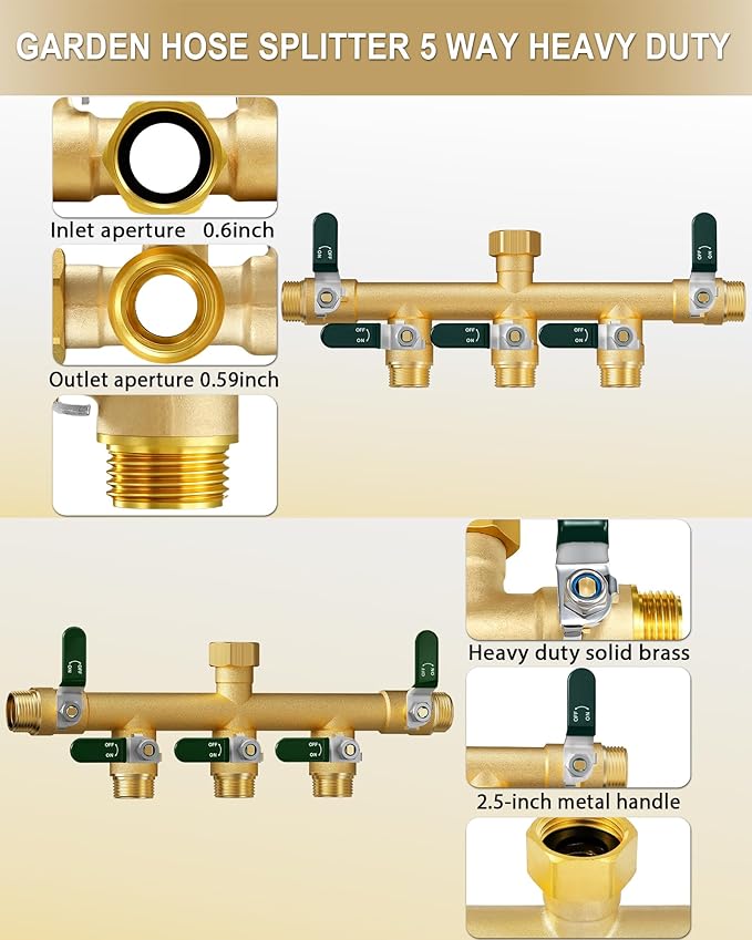 EBH Garden Hose Splitter 5 Way, Heavy Duty Solid Brass Hose Splitter with Shutoff Valves, Water Spigot Splitter With 304 Stainless Steel Handle, Full Flow Outdoor Faucet Splitter, 3/4" GHT Thread