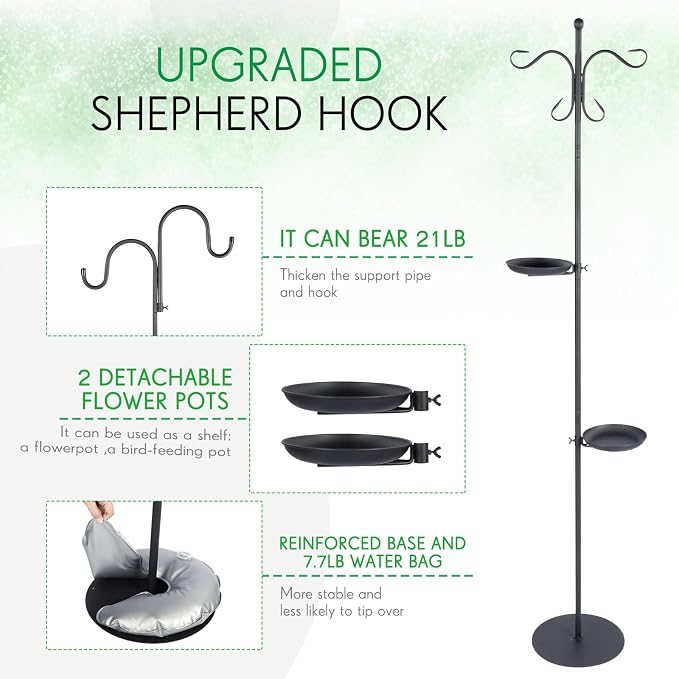 1 Set Upgraded 75.9" Shepherds Hook for Bird Feeder, Hanging Plant Wind Chime Stand, Metal Adjustable Standing Pole Holder for Indoor Outdoor, with 2 Rack & Weight Bag (2 Hooks)