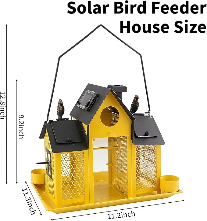 Solar Bird Feeders House for Outside Hanging, Metal Wild Bird Feeder for Outdoors Large Capacity Cardinal Birdfeeder Birdhouses Metal Bird Feeding Station Yellow