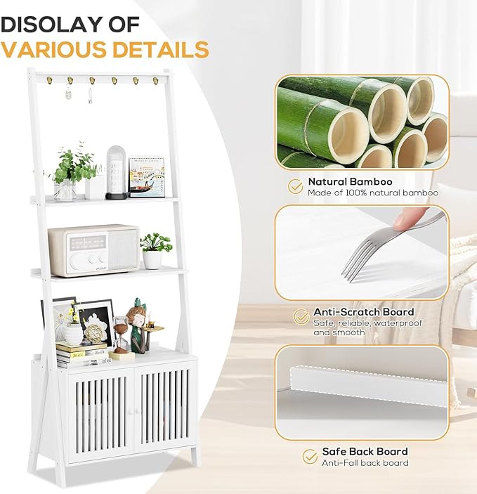 Bookcase with Drawers, 4-Tier Bamboo Bookshelf Ladder Shelf with 6 Hooks, 59.5"H x 24.8"L x 10.6"W, Tall Narrow Freestanding Standing Storage Organizer for Living Room, Office, Bedroom, White