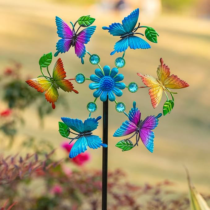 44" Butterfly Wind Spinners Garden Whirligigs, Flower Butterfly Wind Sculpture Yard Art Decorations for Lawn, Patio & Yard & Garden Decor, Metal Wind Spinners Outdoor Decor