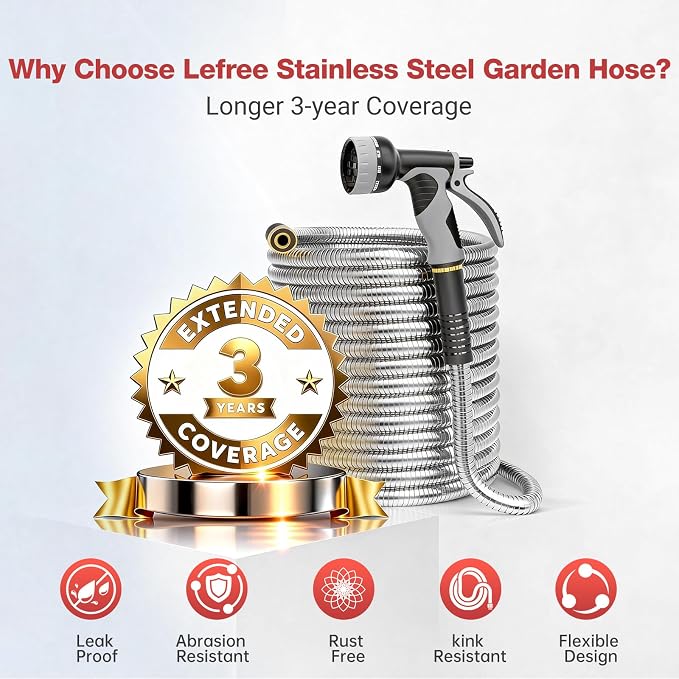 Lefree 150ft Stainless Steel Garden Hose - No-Kink Leak-Proof Crush Resistant, with Upgraded Protective Rubber Sleeve, 10-Function Nozzle for Lawn Care, RV Camp, Long-Distance Yard Watering