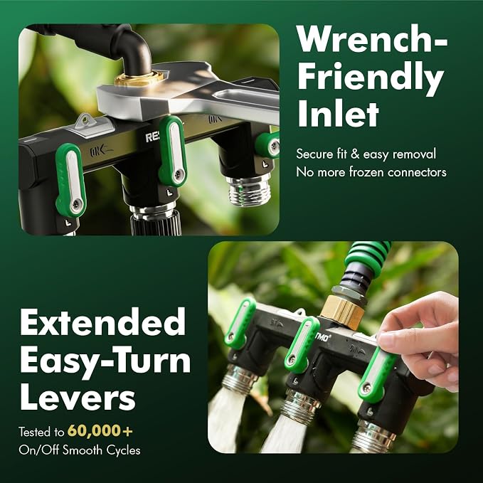 Restmo 3 Way Garden Hose Splitter Heavy Duty 100% Metal Body, Full Flow Design with Oversized Ball Valve, Outdoor Faucet Spigot Adapter with Extended Levers, 3/4" GHT Thread - Green