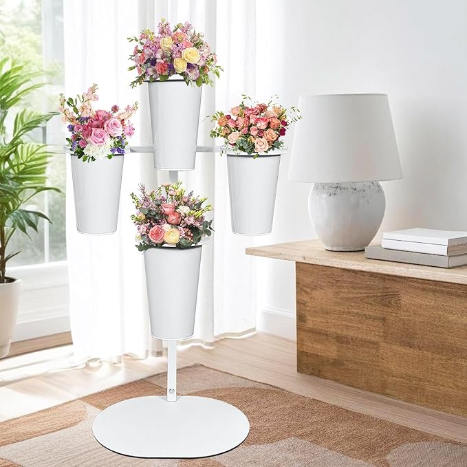 PROLEE Flower Display Stand with 4 Round Buckets, Flower Display Stand, Flower Stand Metal, Florist Bouquet Shelf for Wedding, Party, Events, Oval Base, White