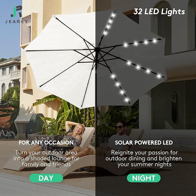 JEAREY 9FT Outdoor Patio Umbrella with Solar Lights, LED Lighted Pool Umbrella with Tilt and Crank, Outdoor Table Umbrellas for Deck, Yard & Market (Off White)