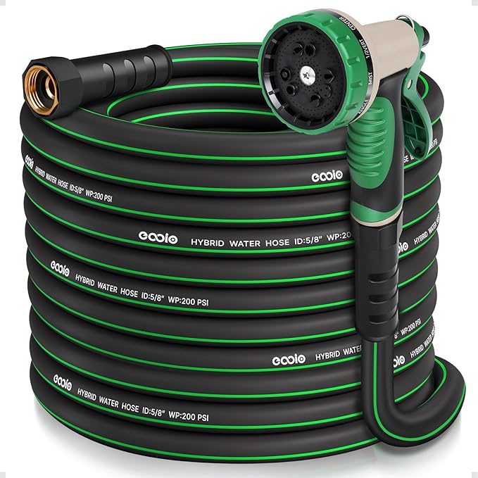 Heavy Duty Garden Hose 75 ft, NON-EXPANDABLE Water Hose with 10 Function Spray Nozzle, Lightweight Kink-less Hybrid Hose with Swivel Handle, Male to Female Fittings