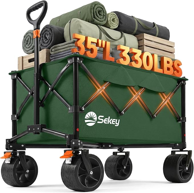 Sekey 150L Wagons Carts Foldable with Big All-Terrian Beach Wheels, Collapsible Heavy Duty Wagon, Extra Large Folding Wagon, Foldable Wagon for Camping, Garden, Sports. Dark Green