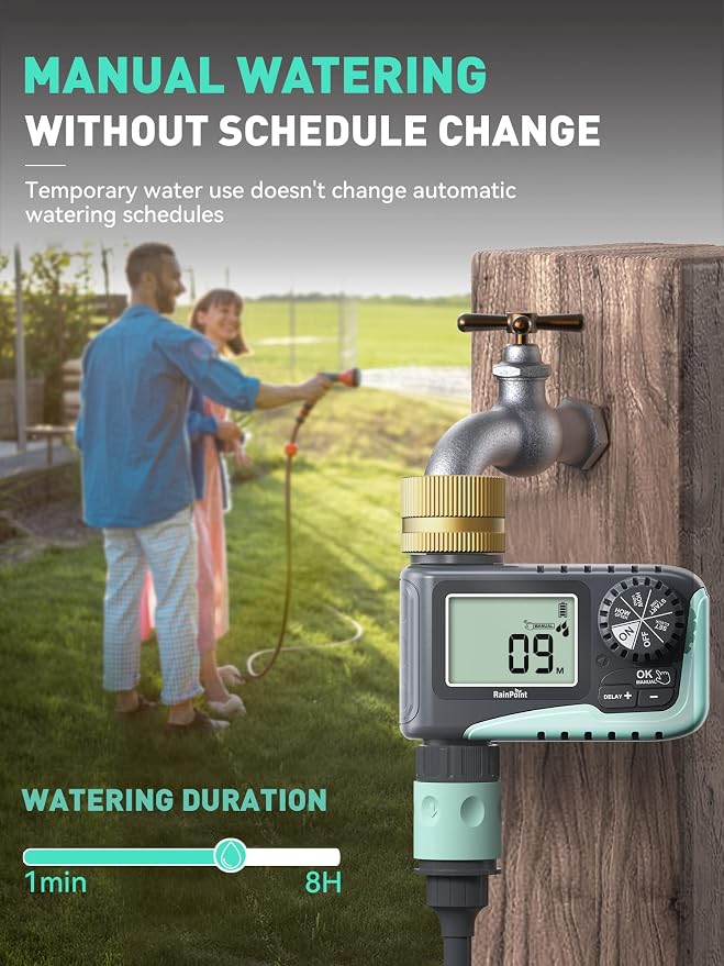 RAINPOINT Sprinkler Timer with Brass Swivel, Water Timer for Garden Hose, Programmable Hose Timer with Rain Delay/Manual Watering, Digital Irrigation Timer System for Lawns