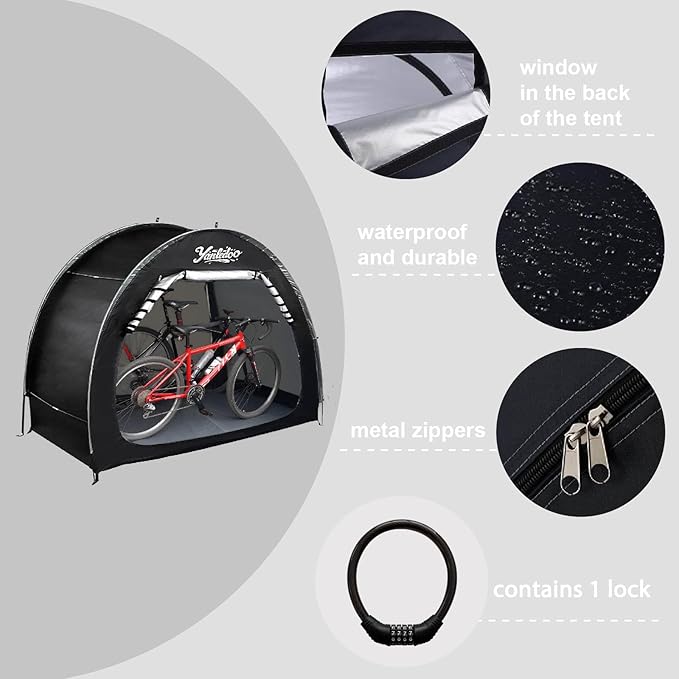 Bike Storage Shed 6.6FT, Easy Setup Waterproof PU4000 210D Oxford Fabric Tent for 2 Bikes, Outdoor Portable Bicycle Shelter with Window, Black