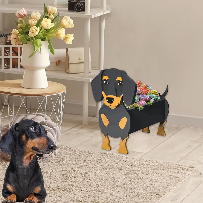 Black and Tan Dachshund Dog Planter Plant Pots,Cute Large Dog Flower Planter,Gifts for Pet Lovers,Unique Animal Plant Pots,Office,Indoor Outdoor Garden Decor(9.84 * 9.13 * 17in)