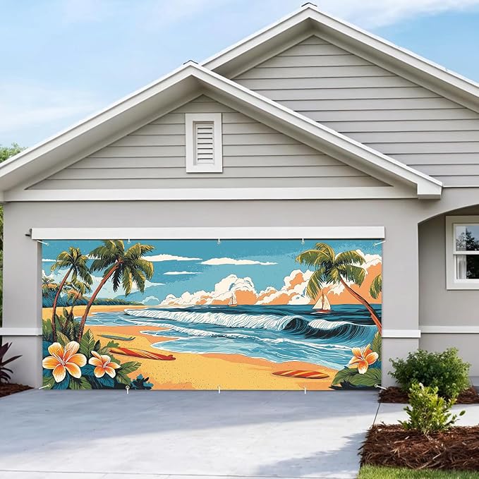7 * 16FT Summer Palm trees Garage Door Cover Decorations Sunset Palm Trees Garage Door Banner for Outdoor Indoor Summer Party Photography Backdrop