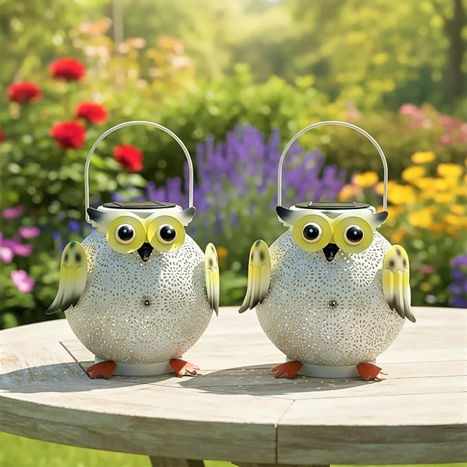 2 Pack Hanging Solar Lanterns - Garden Light Waterproof Metal Decorative Solar Lantern Lights Outdoor for Patio Yard Table Pathway (White owl 2pk)