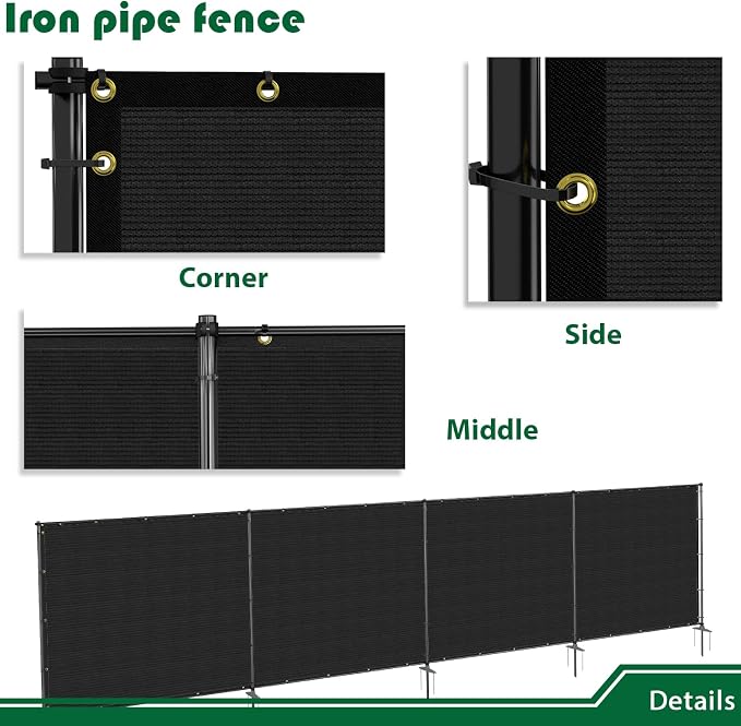 5'Hx137'W Outdoor Freestanding Privacy Screen Fence Panels with Iron Poles, Mesh Shade Net Cover Temporary Fencing for Patio Backyard Garden Deck, Black