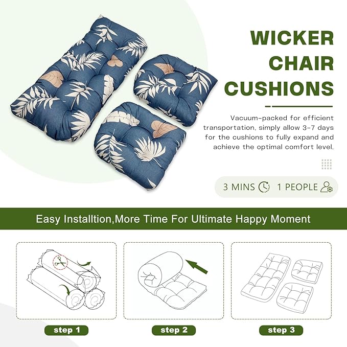 Wicker Chair Cushions Set, 2 U-Shaped Cushions & 1 Loveseat, Waterproof Outdoor Loveseat Cushion for Patio Furniture, Settee Bench Pad All Weather,GrayLeaf