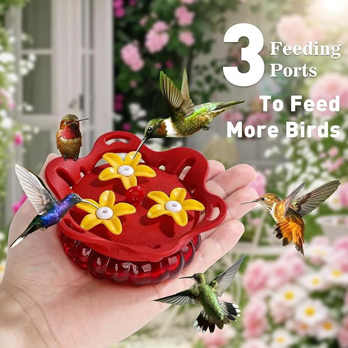 Fchstaer Set of 2 Glass Hummingbird Feeders for Outdoors Hanging with 3 Bee Guard Feeding Ports, 3.4OZ Handheld Humming Birds Feeders for Outside, Gifts for Women Mom, Red