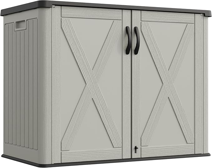 Greesum Outdoor Storage Cabinet, 25 CUFT Deck Box Without Shelves, Waterproof Plastic Storage Shed for Patio Cushions, Gardening Tools, Lockable and Sidehandles, UV Resistant, Beige