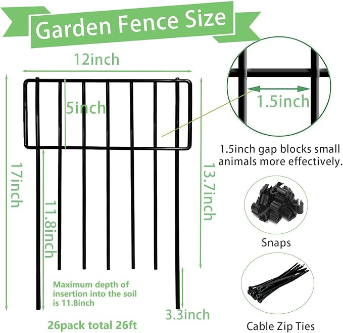Thrivinest Animal Barrier Fence, 26 Pack No Dig Fence Decorative Fences, 17in(H) x10ft(L) Rustproof Metal Wire Small Garden Fence Border for Dogs Rabbits (26 Pack,28Ft)