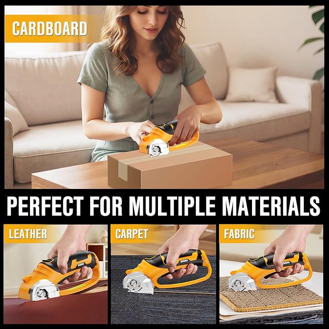 Cordless Electric Scissors 4V Rechargeable Cardboard Cutter with 4 SK5 Blades, 2000mAh Battery, LED Light, Electric Box Cutter 1/3” Cutting Capacity Power Cutter for Fabric Carpet Leather - Yellow