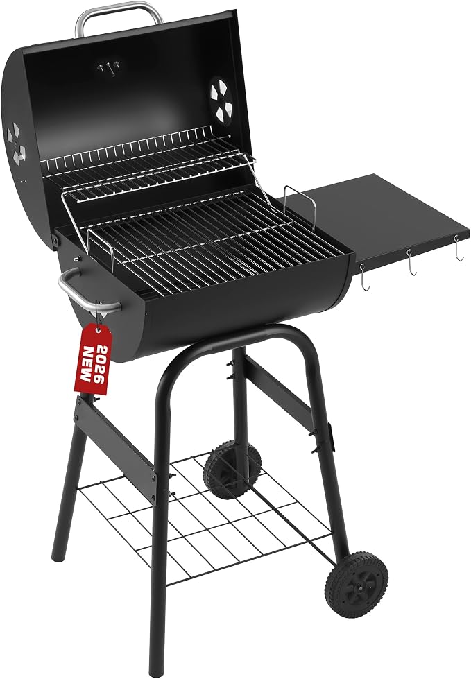 Barrel Charcoal Grill with Lid, 388 Sq.In Cooking Space & Wheels