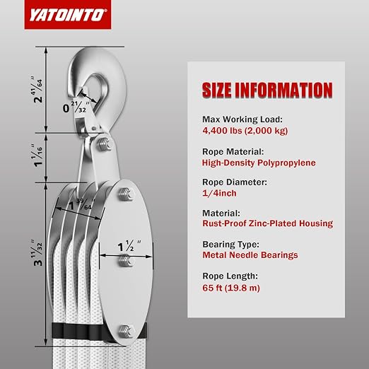 YATOINTO Upgraded Rope Pulley Hoist 4400LBS with Rope Guide, 8:1 Power Pulley Block and Tackle System, 65ft Pulley Block 2200LB Loading Capacity, Heavy Duty Rope Hoist for Hunting Garage Warehouse