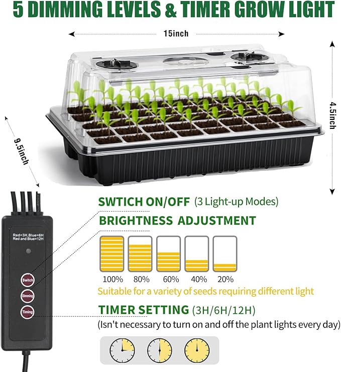 Seed Starter Tray Kit with Grow Lights, 1 Pack 40 Cells Seed Trays with Humidity Dome, Mini Greenhouse for Seeds Growing Starting Sprouting Germination