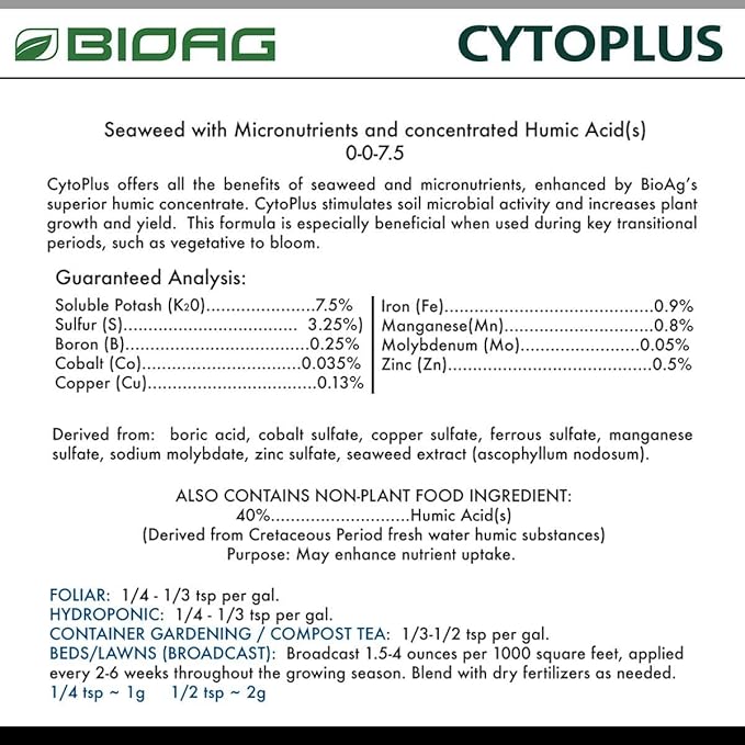 BioAg CytoPlus Organic Humic Acid Plus Seaweed Extract, Essential Micronutrients, Soil Amendment for All Plants, S B Co Cu Fe Mn Mo Zn (300 Grams) (BA76003)