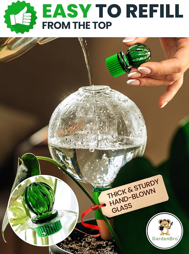 16 Oz Plant Watering Globes for Indoor Plants with Terracotta Self Watering Planter Insert - Hand-Blown XL Glass Globes - Automatic Indoor Planter Waterer, Gift Idea for Gardeners [1, Clear]
