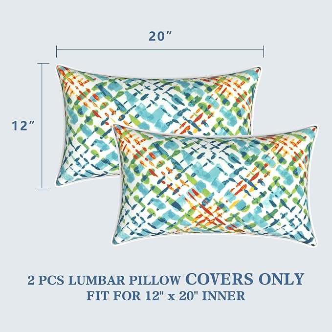 LVTXIII 2 Pack Outdoor Lumbar Pillow Covers 12x20 Inch with Piping, Water-Repellent Back Cushion Covers ONLY for Patio Furniture, Sofa, Garden Bench, Acapa Opal Geometric