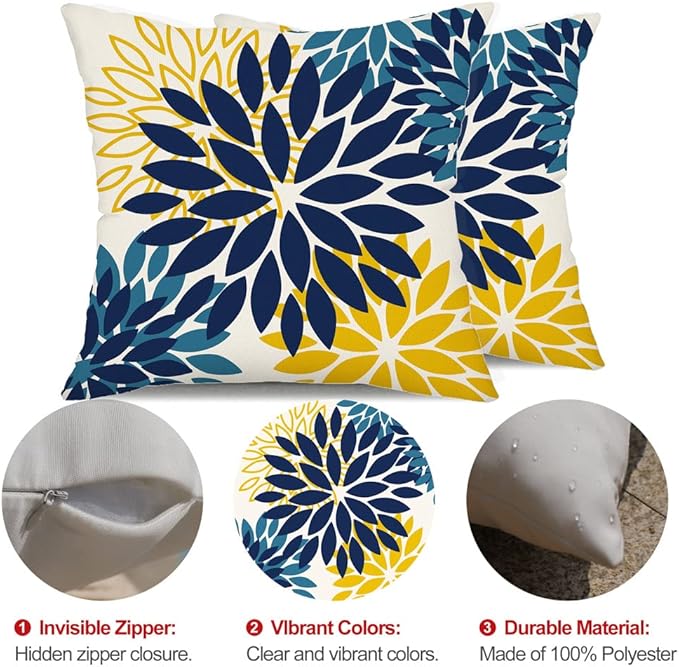 DFXSZ Blue Yellow Flower Pillow Covers 24x24 Inch Set of 2 Outdoor Throw Pillows Outdoor Waterproof Decor for Living Room Sofa Patio Funiture Garden Floral Polyester Pillow Covers 012D24
