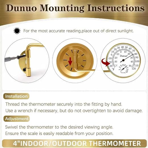 Outdoor Thermometer - Weatherproof & Decorative Outside Temperature Gauge for Window, Greenhouse Accessories and Patio (Easy-Read Brass Swivel Design) (4inch Gloden case+ White dial)