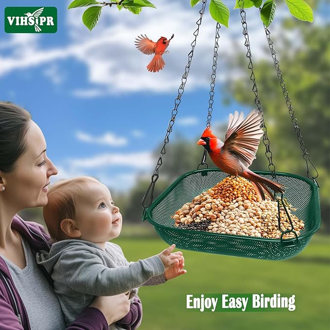 Hanging Bird Feeder for Outdoors – 11 in Square Metal Mesh Bird Feeder Tray Platform for Wild Birds, Green