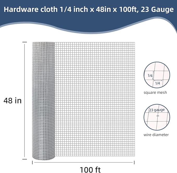 Hardware Cloth,1/4inch 48inx100ft 23 Gauge,Double-Layer Hot-Dip Galvanizing After Welding,Chicken Wire Fence Wire Mesh Fence Poultry Netting Garden Fence Tree Guard Rolls