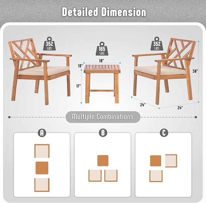 Werph 3 Piece Outdoor Patio Furniture Set, Wooden Conversation Patio Set with Padded Cushion Chairs and Coffee Table, Acacia Wood Lounge Conversation Set for Porch Balcony Deck Backyard