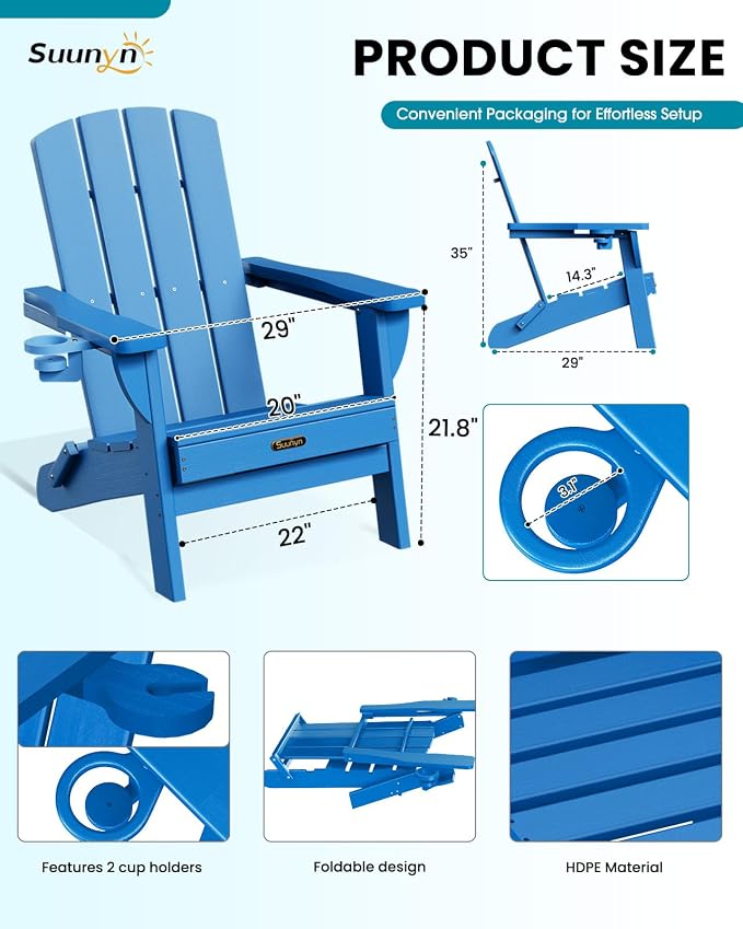 Folding Adirondack Chair Set of 4, HDPE Adirondack Chairs with 2 Cup Holder, Plastic All-Weather Fire Pit Chairs, Outdoor Lawn Chair for Patio Garden (Ocean Blue)