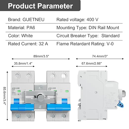 32 Amp Dual Power Manual Transfer Switch, 2Pcs 2-Pole Circuit Breakers with Single-Side Slide Lock, DIN Rail Included, Ideal for Industrial and Home Use