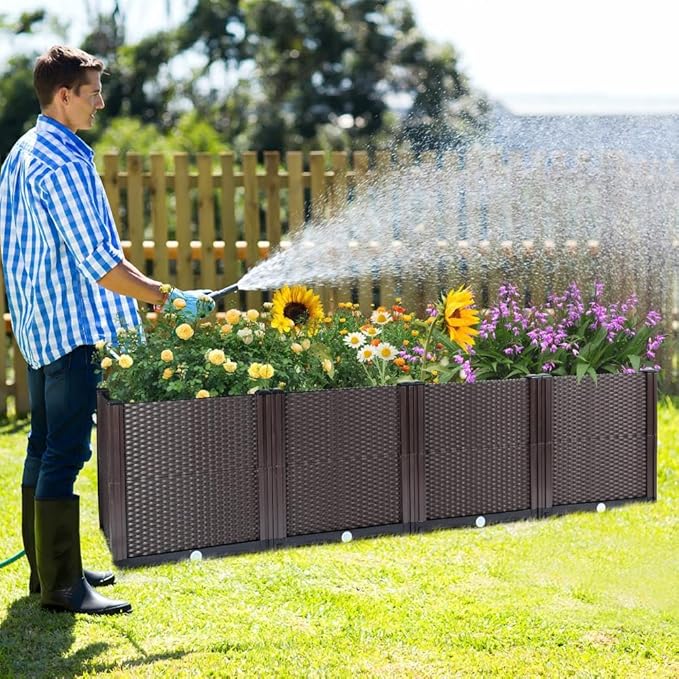 Emalie Deep Raised Garden Beds Large Plastic Planter Box with Drainage Plugs for Veggies Flowers Herbs Deep Root Plants Growing, 63.0" Lx15.7 Wx16.9 H Brown