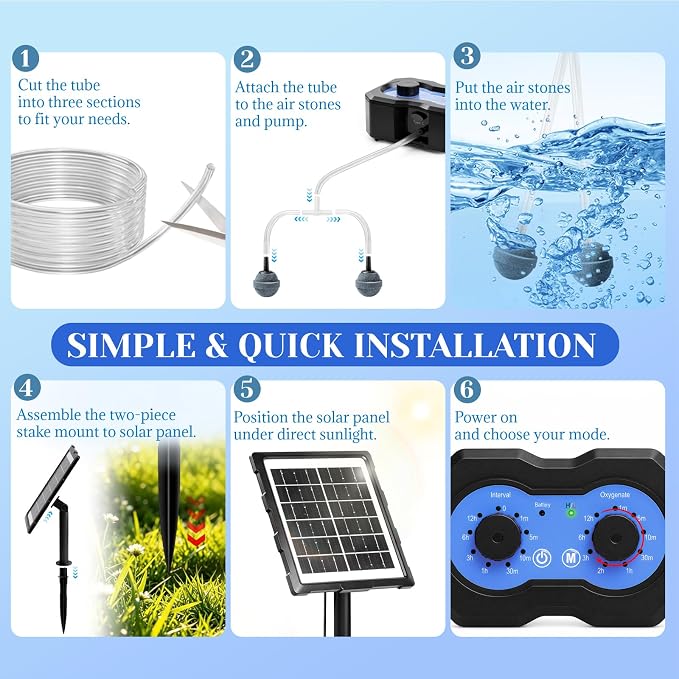 Yeomi Solar Aerator for Pond, 3W Solar Air Pump, 2 Working Modes (18H/36H), Solar Pond Oxygen Pump for Hydroponics, Fish Pond, Fish Tank, Outdoor Fishing