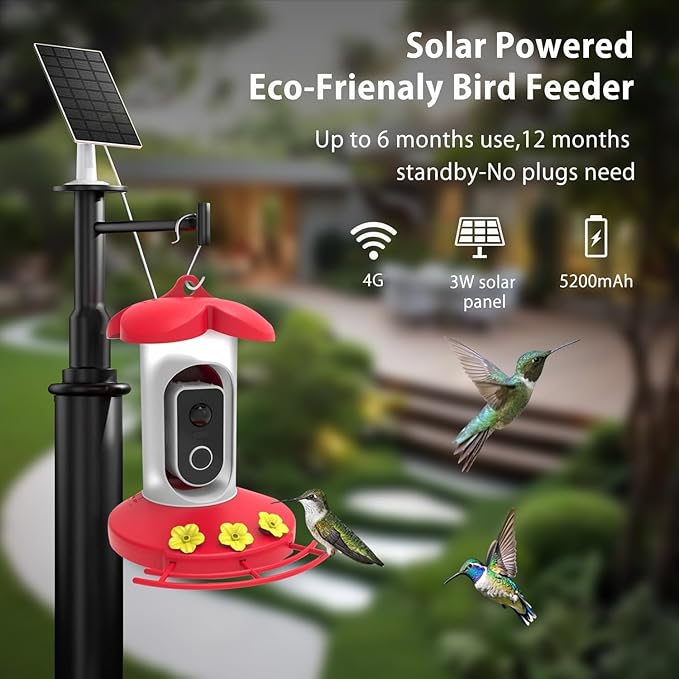 Hummingbird Feeder with 4K Camera, Smart Hummingbird Feeder 4G Camera Solar Powered with AI Identify, Auto Capture Bird Videos & Motion Detection, Ideal Gift for Bird Lovers