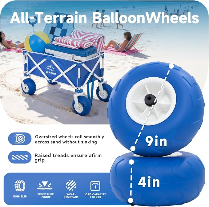 Beach Wagon with Big Wheels for Sand, Heavy Duty Harder Sand Collapsible Folding Wagon with All-Terrain 9" Pneumatic Ballon Tires, Utility Wagon for Garden Sports Camping Outdoor Activities