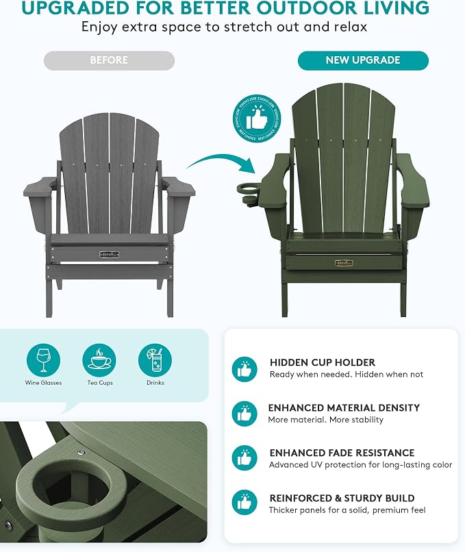SERWALL Adirondack Chair Set of 6, Weather Resistant HIPS Lawn Chairs with Cup Holder for Patio Garden Outdoors Fire Pit- Army