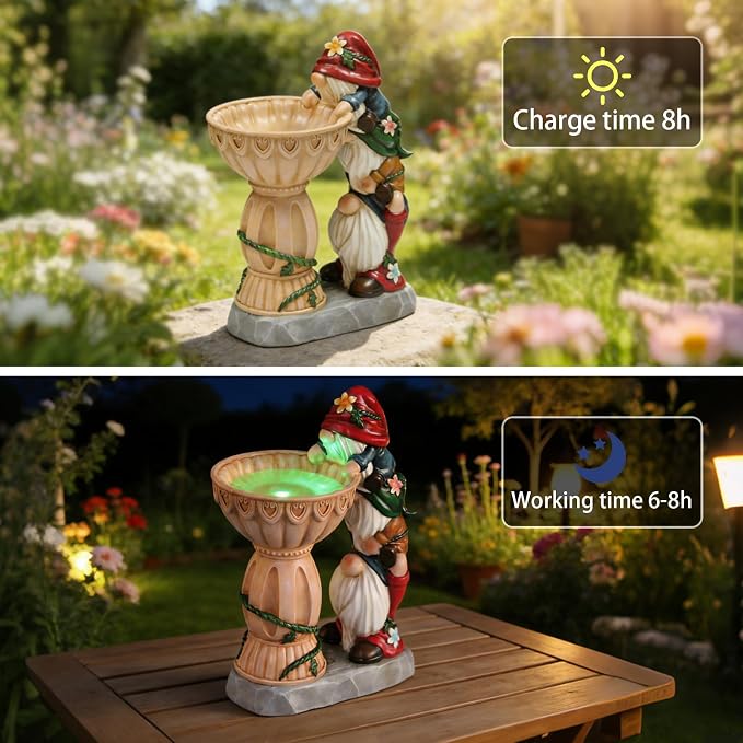 Sheaifun Garden Gnomes Outdoor Gnomes Garden Decorations for Yard Colorful Lights Resin Solar Outdoor Statues with Bird Bath Feeder Outside Lawn Patio Housewarming Gift for Women 6.25x4.25x9.25 Inch