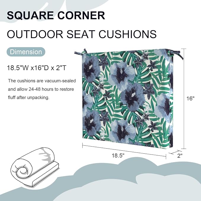 DYTXIII Set of 2 Outdoor Chair Cushions, Water Resistant 18.5"x16"x2" Square Seat Cushion for Patio Dining Chairs, High-Density Replacement Pads for Indoor Outdoor Furniture - Blue Salmone Tropical