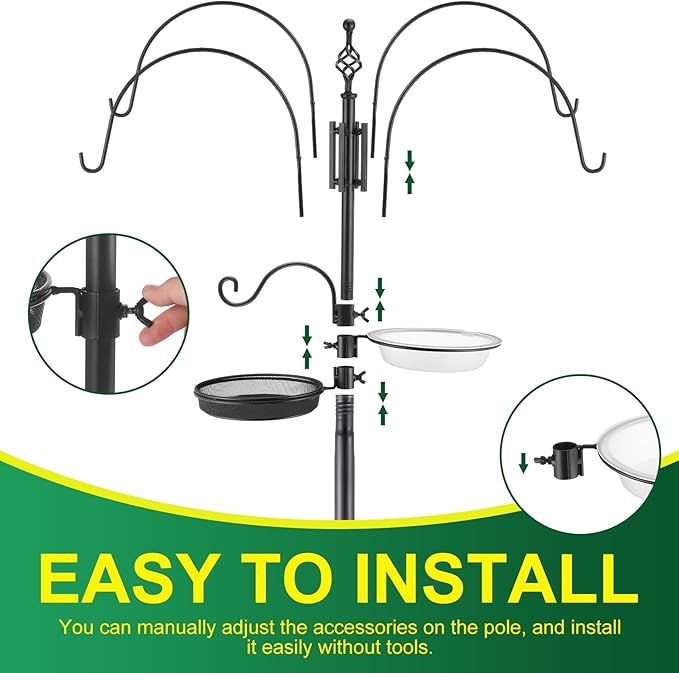 MorningRo Adjustable Shepherd Hook Stand, 34"- 55" Black Iron Shepherd Hook with Base for Plant Hanging, Wind Chime & Bird Feeder - Outdoor Garden Porch Decoration(Elegant Style)