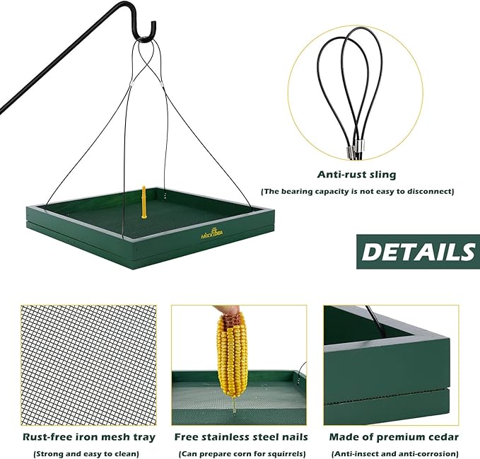 MIXXIDEA Bird Feeder Hanging Tray, Wooden Platform Hummingbird Feeder Hanging Tray Mesh Seed Platform for Garden Yard Outside Decoration Attracting Wild Birds (Green-2pk)