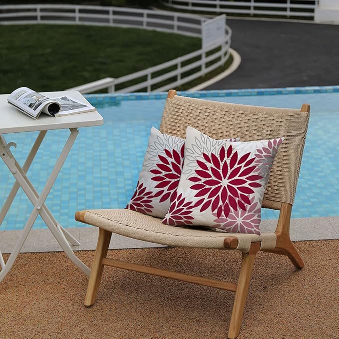 DFXSZ Wine Red Pink Flower Pillow Covers 18x18 Inch Set of 2 Outdoor Throw Pillows Outdoor Waterproof Decor for Living Room Sofa Patio Funiture Garden Floral Polyester Pillow Covers 002R18