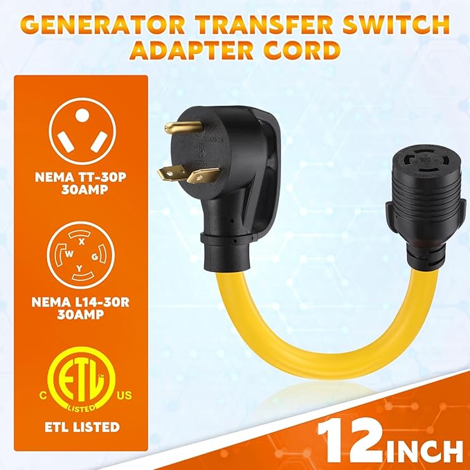 Tellegloww NEMA TT-30P to L14-30R 30 Amp Generator Adapter Cord, 3prong Male to 4prong Locking Female Generator Transfer Switch House Inlet Box Adapter, STW 10 AWG/3C, ETL Listed