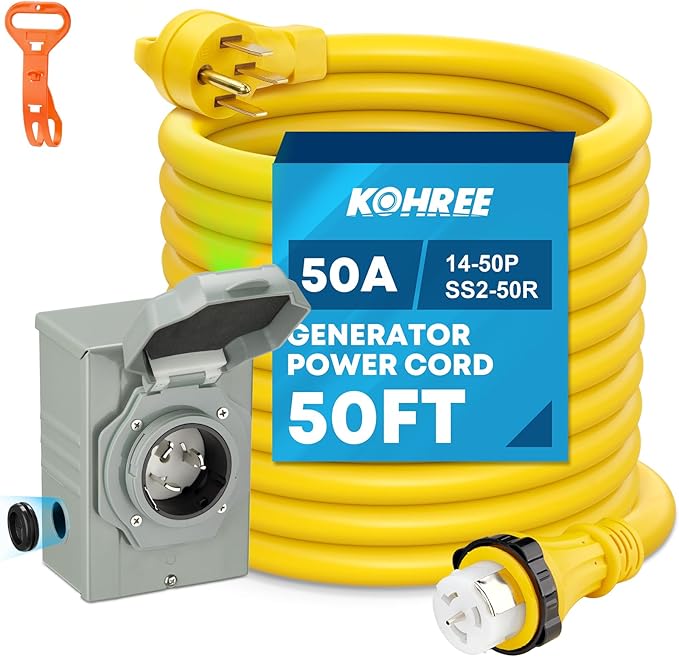 Kohree 50 Amp Generator Cord and Power Inlet Box Kit, 50FT NEMA 14-50P to SS2-50R Generator Extension Cord, 50Amp Pre-drilled Generator Inlet Box with Cable Waterproof Combo Kit, 125/250V, ETL Listed