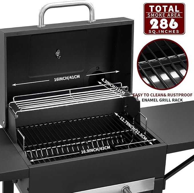 Charcoal Grills Outdoor BBQ Grill with 2 Side Table,Barbecue Grill Smoker with 343 Sq.in.Cooking Area for Outdoor Cooking Backyard Camping Picnics Beach by DNKMOR